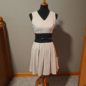 Calvin Klein Cream and Black Sleeveless V-Neck Midi Dress